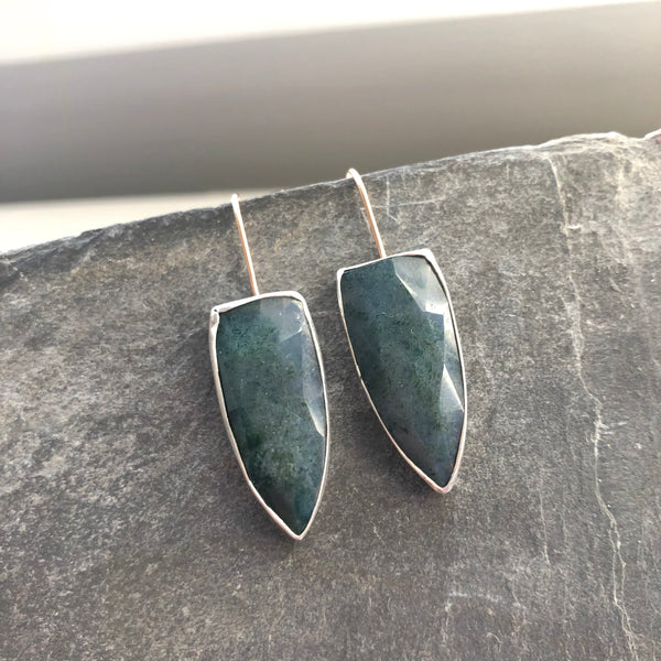 Moss Agate, Sterling Silver and 14k Gold Earrings by Kate Wells Crooked River Jewelry