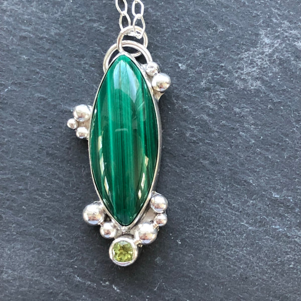 Malachite and Peridot Sterling Silver Necklace by Kate Wells Crooked River Jewelry