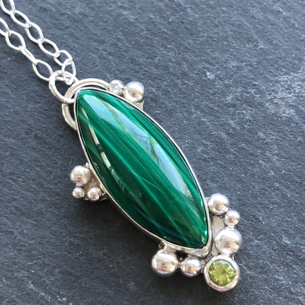 Malachite and Peridot Sterling Silver Necklace by Kate Wells Crooked River Jewelry