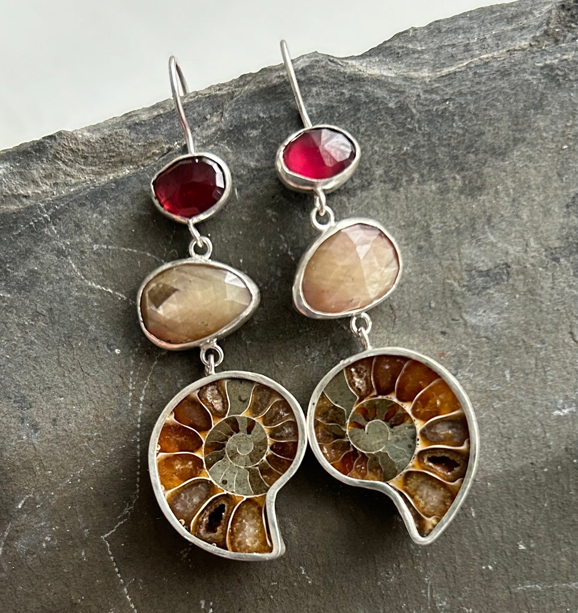 Ammonite, Sapphire, Garnet Sterling Silver Earrings by Kate Wells Crooked River Jewelry