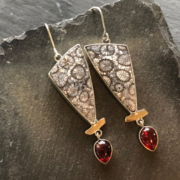 Agatized Coral, Garnet, Sterling Silver and 14k Statement Earrings by Kate Wells Crooked River Jewelry