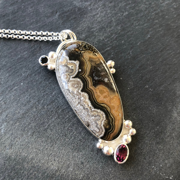 Crazy Lace Agate Sterling Silver Necklace by Kate Wells Crooked River Jewelry