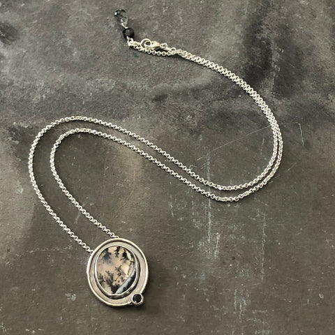 Dendritic Opal, Black Spinel, Sterling Necklace by Kate Wells Crooked River Jewelry