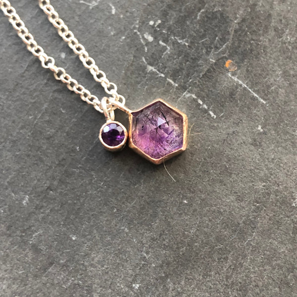 Stained Glass Amethyst, 14K Gold Charm Necklace by Kate Wells Crooked River Jewelry