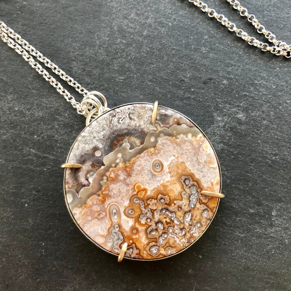 Crazy Lace Agate 14k and Sterling Silver Necklace by Kate Wells Crooked River Jewelry