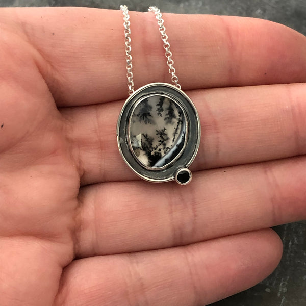 Dendritic Opal, Black Spinel, Sterling Necklace by Kate Wells Crooked River Jewelry