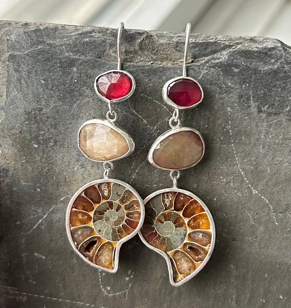 Ammonite, Sapphire, Garnet Sterling Silver Earrings by Kate Wells Crooked River Jewelry