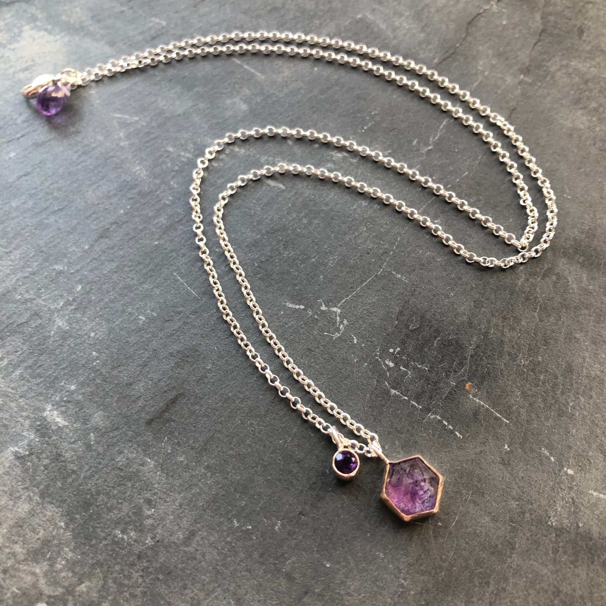 Stained Glass Amethyst, 14K Gold Charm Necklace by Kate Wells Crooked River Jewelry