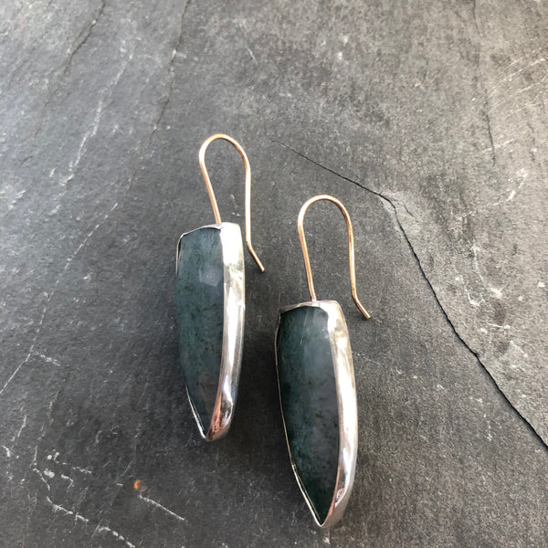 Moss Agate, Sterling Silver and 14k Gold Earrings by Kate Wells Crooked River Jewelry