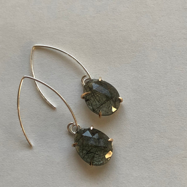 Green Rutilated Quartz, Sterling Silver and 14K Earrings by Kate Wells Crooked River Jewelry