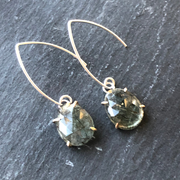 Green Rutilated Quartz, Sterling Silver and 14K Earrings by Kate Wells Crooked River Jewelry