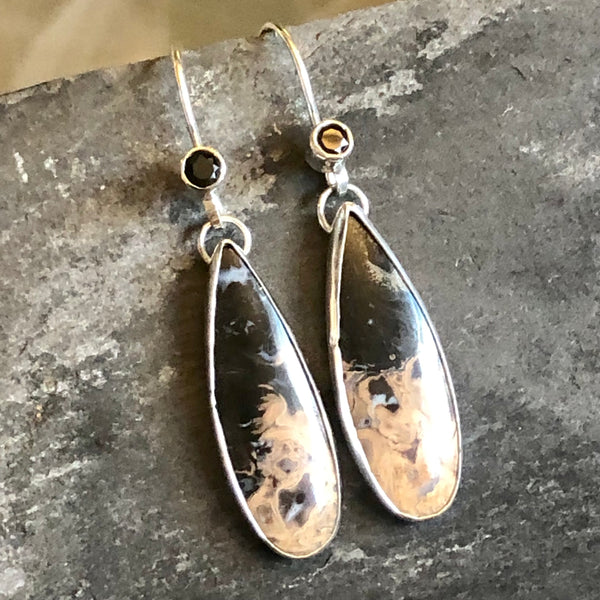 Petrified Palm Wood, Black Spinel Sterling Silver Earrings by Kate Wells Crooked River Jewelry