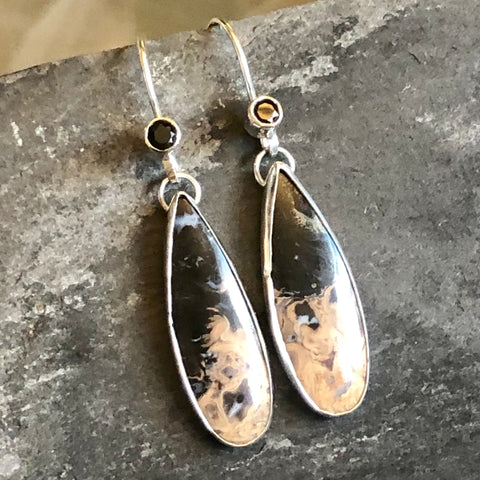 Petrified Palm Wood, Black Spinel Sterling Silver Earrings by Kate Wells Crooked River Jewelry