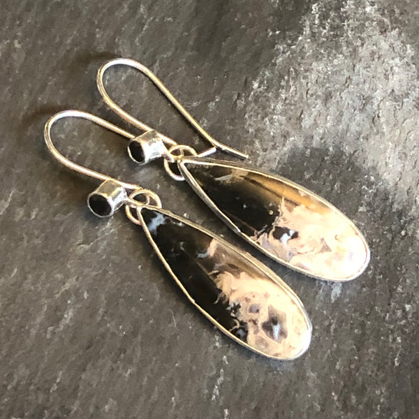 Petrified Palm Wood, Black Spinel Sterling Silver Earrings by Kate Wells Crooked River Jewelry