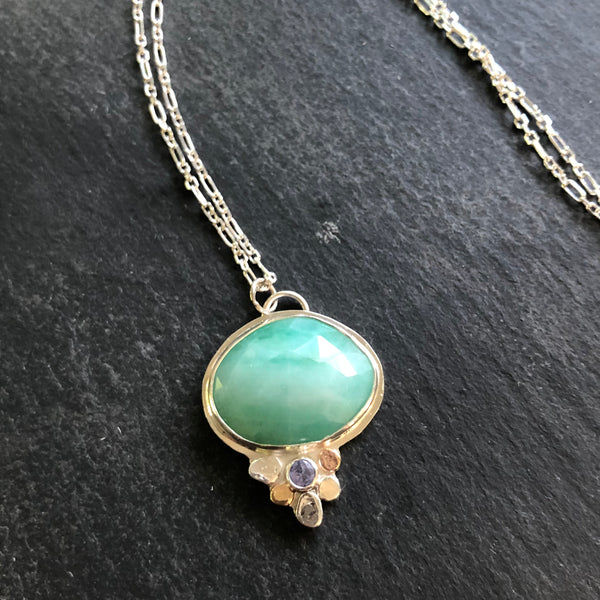 Emerald and Tanzanite Sterling Silver Necklace by Kate Wells Crooked River Jewelry