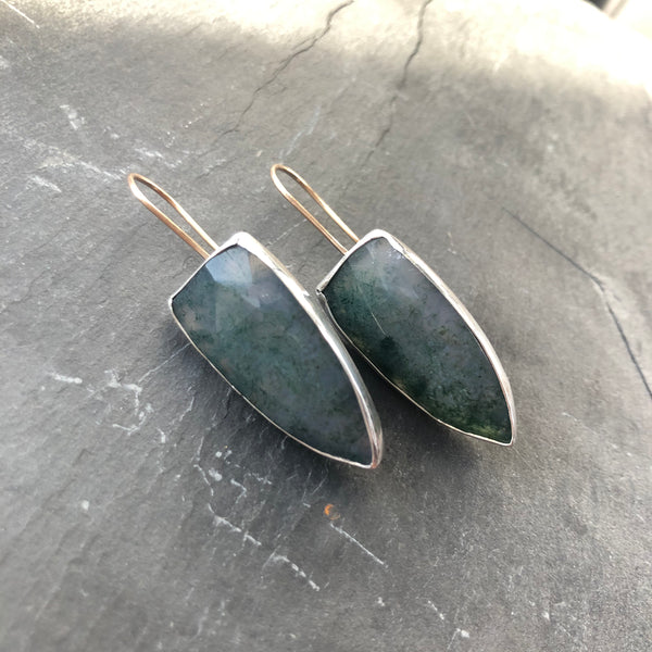 Moss Agate, Sterling Silver and 14k Gold Earrings by Kate Wells Crooked River Jewelry