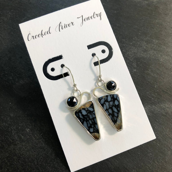 Petrified Palm Wood and Black Spinel Sterling Silver Earrings by Kate Wells Crooked River Jewelry