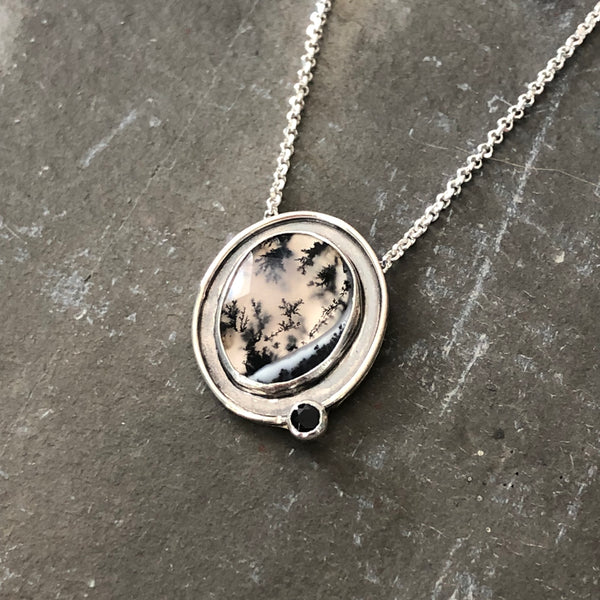 Dendritic Opal, Black Spinel, Sterling Necklace by Kate Wells Crooked River Jewelry
