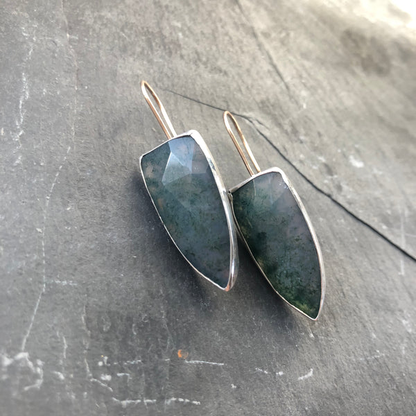 Moss Agate, Sterling Silver and 14k Gold Earrings by Kate Wells Crooked River Jewelry