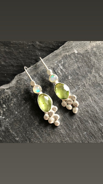 Peridot and Welo Opal Sterling Silver Earrings by Kate Wells Crooked River Jewelry