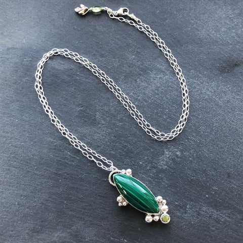 Malachite and Peridot Sterling Silver Necklace by Kate Wells Crooked River Jewelry