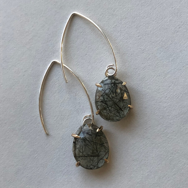 Green Rutilated Quartz, Sterling Silver and 14K Earrings by Kate Wells Crooked River Jewelry