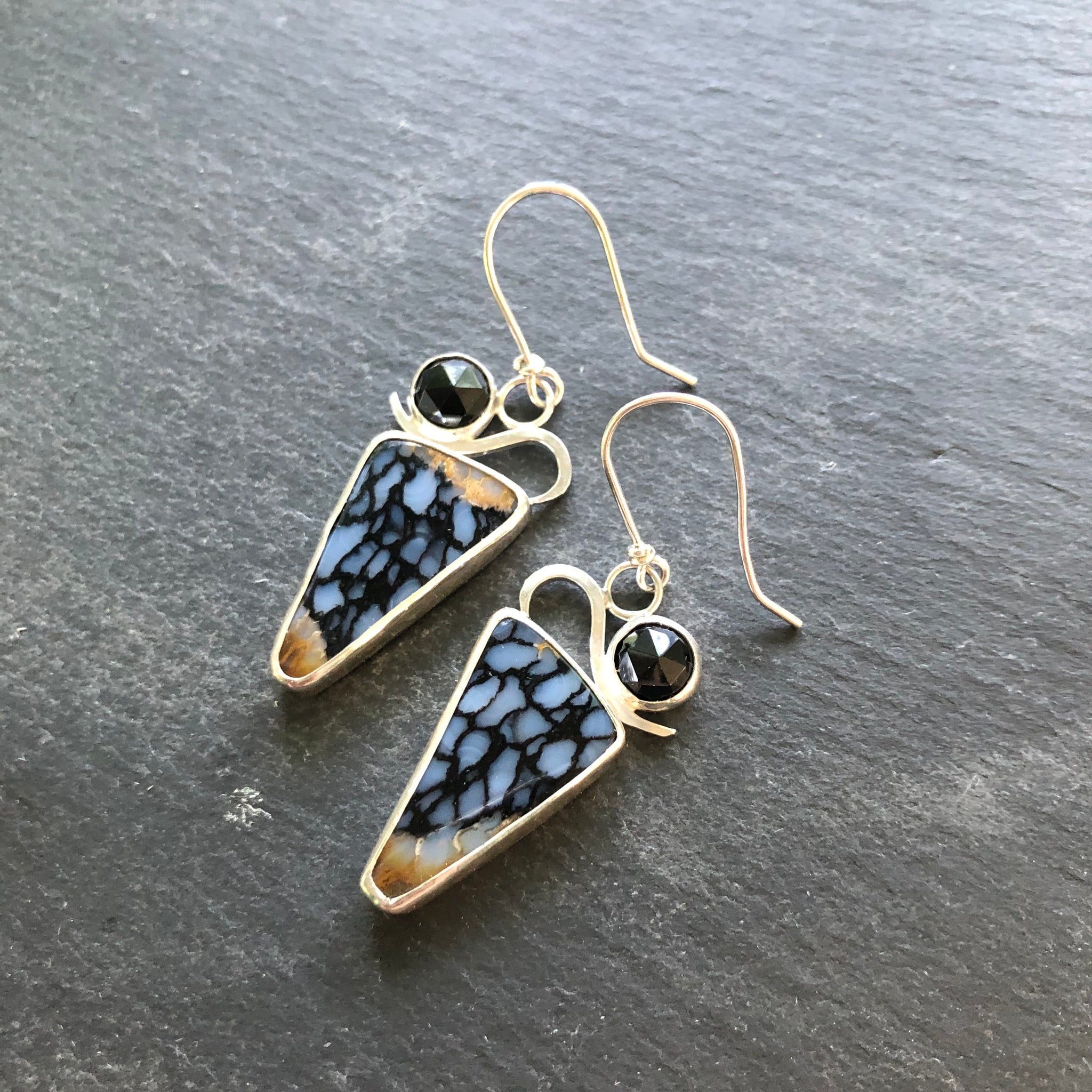 Petrified Palm Wood and Black Spinel Sterling Silver Earrings by Kate Wells Crooked River Jewelry