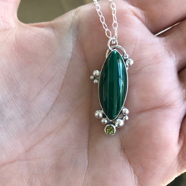 Malachite and Peridot Sterling Silver Necklace by Kate Wells Crooked River Jewelry