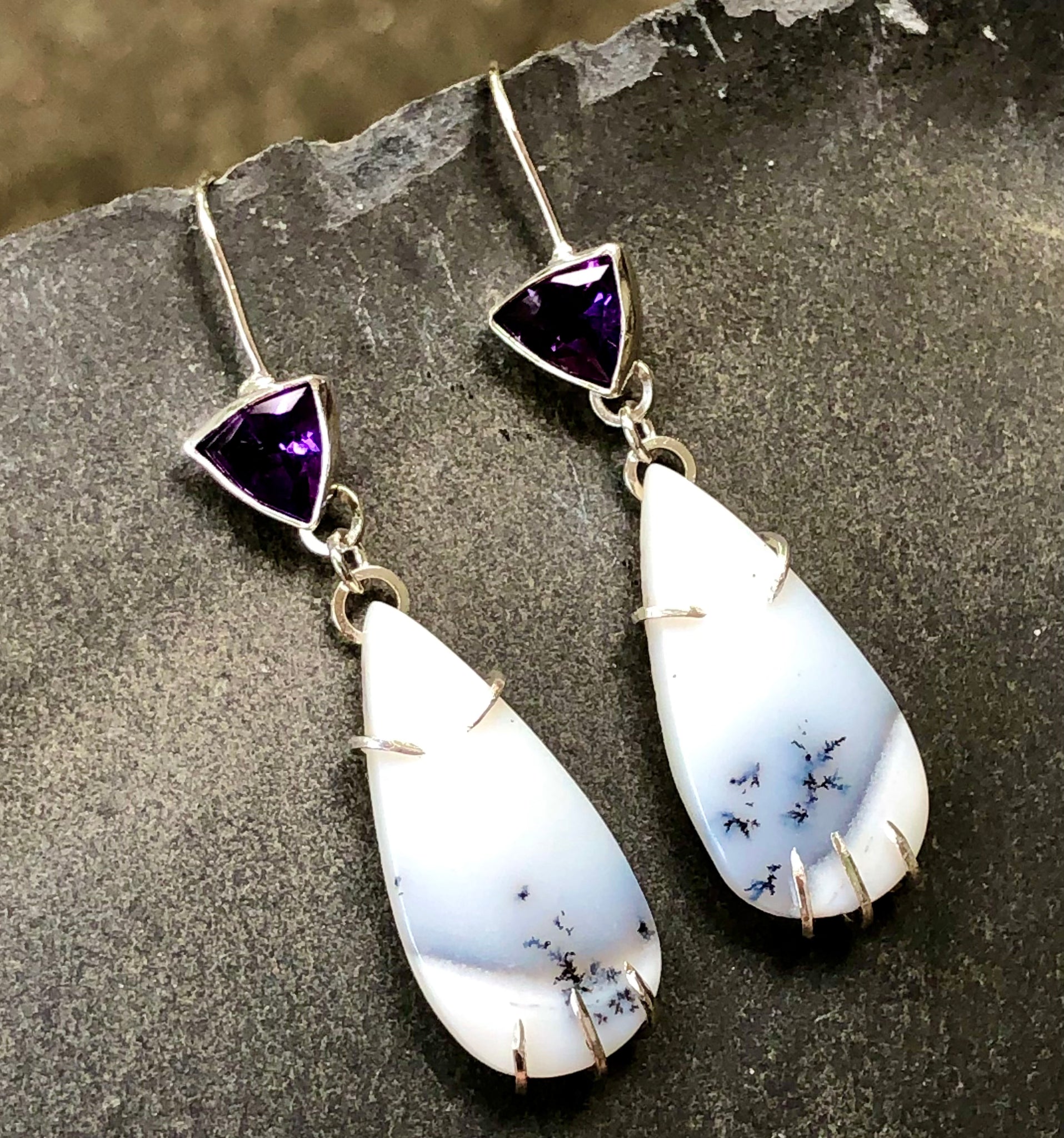 Dendritic Opal and Amethyst Sterling Silver Earrings by Kate Wells Crooked River Jewelry