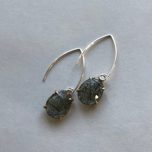 Green Rutilated Quartz, Sterling Silver and 14K Earrings by Kate Wells Crooked River Jewelry