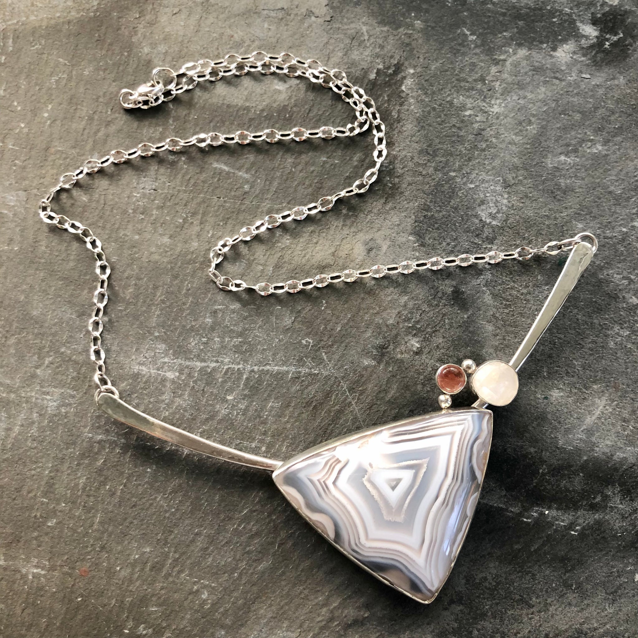 Agate and Sterling Silver Necklace with Moonstone and Sunstone by Kate Wells Crooked River Jewelry