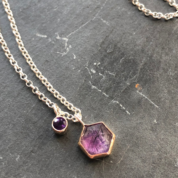 Stained Glass Amethyst, 14K Gold Charm Necklace by Kate Wells Crooked River Jewelry