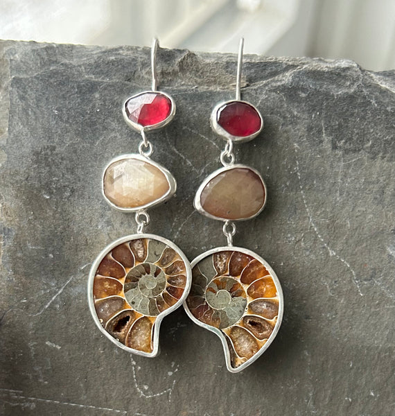 Ammonite, Sapphire, Garnet Sterling Silver Earrings by Kate Wells Crooked River Jewelry