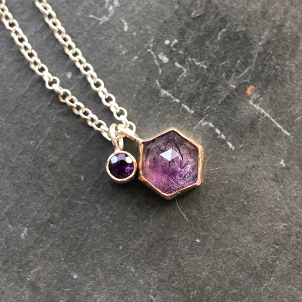 Stained Glass Amethyst, 14K Gold Charm Necklace by Kate Wells Crooked River Jewelry