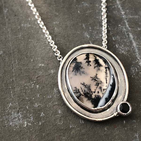 Dendritic Opal, Black Spinel, Sterling Necklace by Kate Wells Crooked River Jewelry